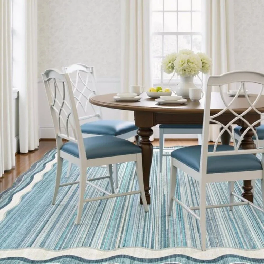 New 5x7 Blue Scalloped Rug, Washable, Non-Slip, Soft Modern Carpet for Bedroom